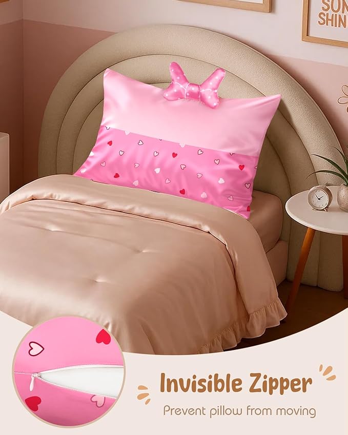 Toddler Pillowcases 13"x18" for Kids - Cute Cartoon Soft Breathable Silk Pillow Cases for Hair and Skin with Hidden Zipper for Girls Fun Kawaii Design for Bedding, Point Bow