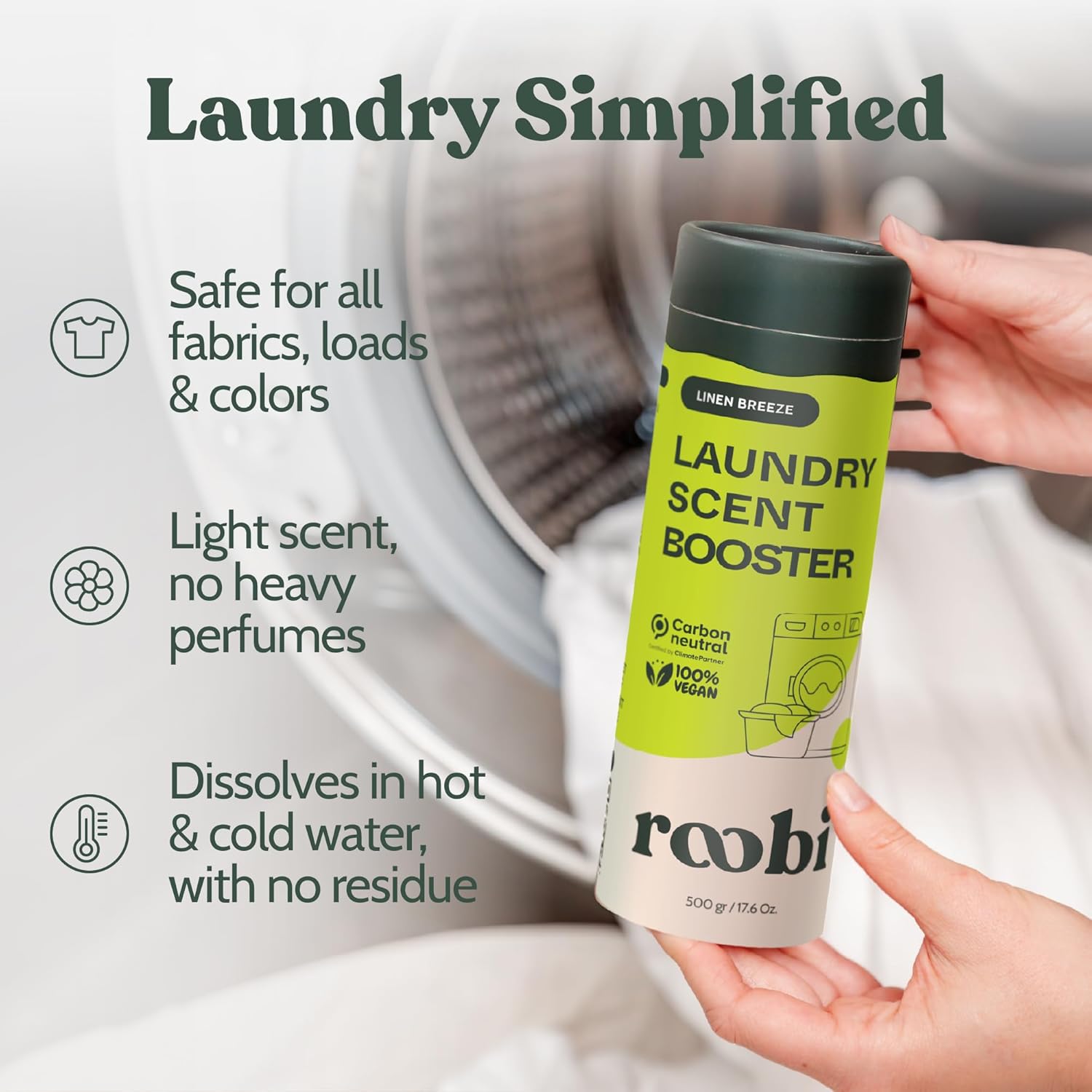 Roobi Sustainable Laundry Scent Booster Beads. Linen Breeze Fragrance Laundry Beads. 500 gr Bulk Booster Pack. Carbon Neutral, 100% Vegan.