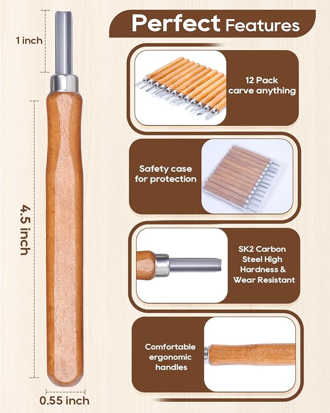 UCEC 12 Pack Linocut Wood Carving Tools Set Linoleum Hand Wood Carving Kit - Image 3