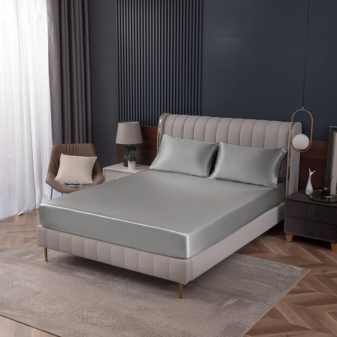 Homiest Luxury Light Grey Satin Fitted Twin Size Deep Pocket Bed Sheet - Image 9