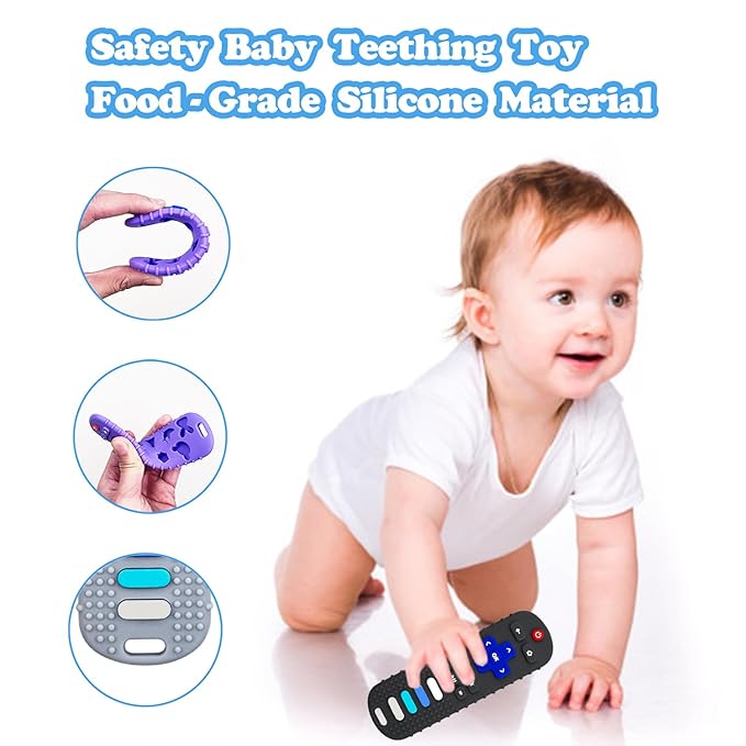 Baby Teething Toys, Food Grade Silicone Teether for Babies 3 6 12 18 Months, TV Remote Shape Toddlers Chew Toys, Freezer BPA Free (Pink+Blue)