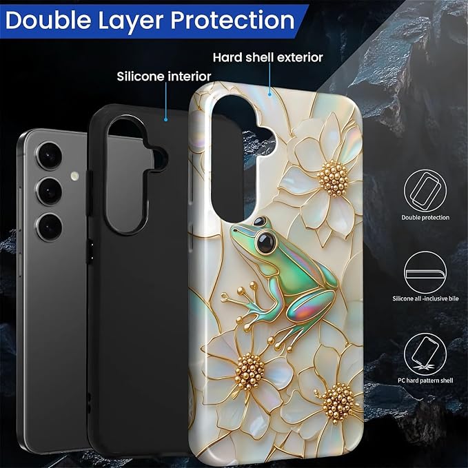 for Samsung Galaxy S24 Case, Stained Glass Frog Flowers Pattern Glossy 2 in 1 - Image 3