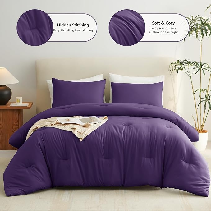 CozyLux Queen Comforter Set Purple, 3 Pieces Solid Comforters Queen Size - Image 2