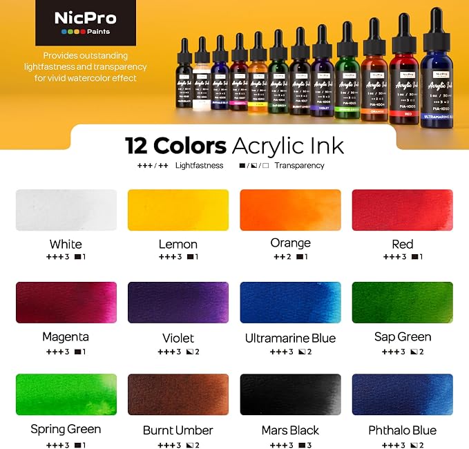 Nicpro 12 Colors Acrylic Ink for Artists, 1-oz Bottle - Image 3