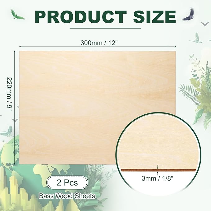 HARFINGTON 2pcs 3mm Basswood Plywood Sheets 12" x 9" x 1/8" Thin Unfinished - Image 2