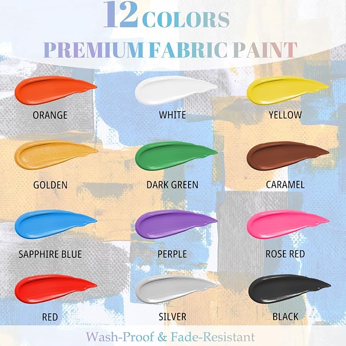 Fabric Paint Set, 12 Vibrant Colors Permanent Textile Paint - Image 2