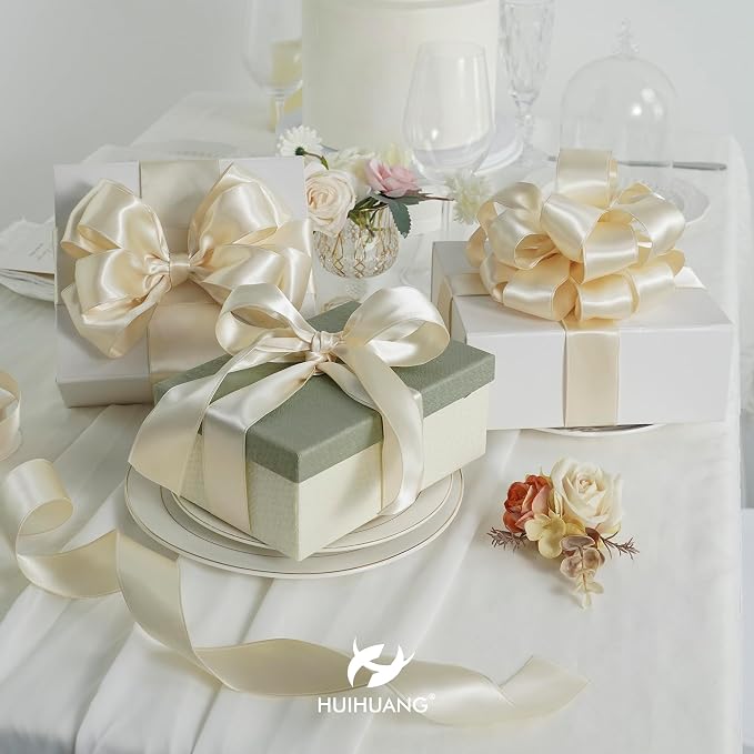 HUIHUANG Cream Satin Wired Ribbon 2-1/2", Cream Wire Edge Ribbon - Image 3