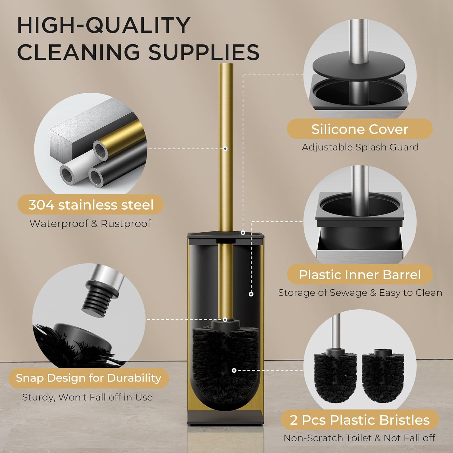 FORIOUS Toilet Brush and Holder Set, Heavy Duty 304 Stainless Steel Base Square and Long Handle for Bathroom Deep Cleaning, Drip-Proof, Space Saving for Storage, 2 Toilet Bowl Brush Head, Dark Gold