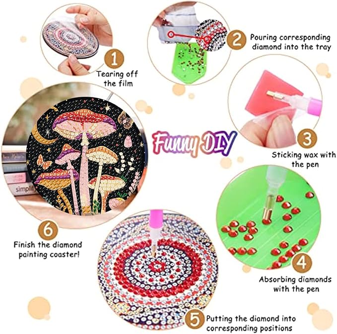 Zythron 8 Pack Diamond Art Coasters, Mushroom Diamond Painting Coasters Kits | - Image 3