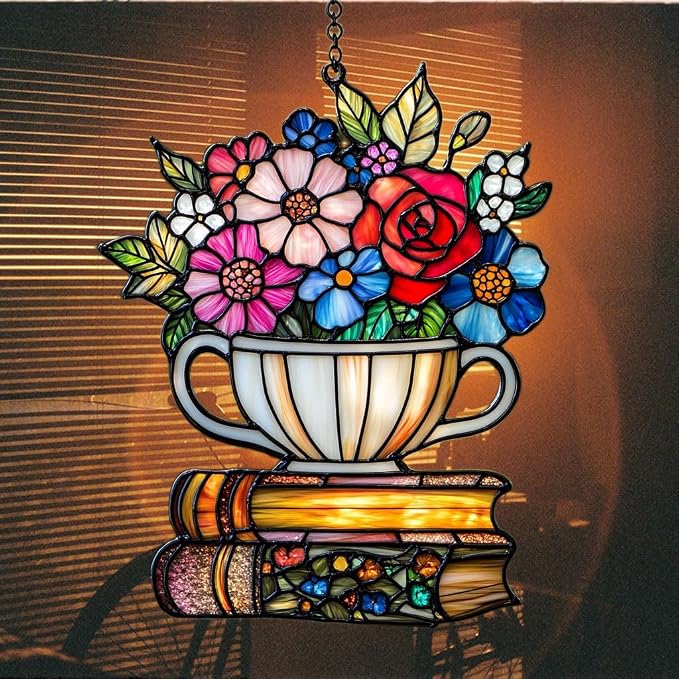 Floral Tea Cup and Books Acrylic Suncatcher Stained Glass Effect Window Car - Image 7