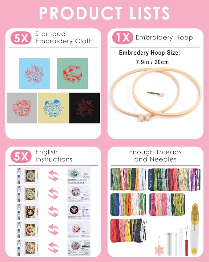 TINDTOP 5 Sets Embroidery Kit for Adults, Floral Embroidery Practice Kit for - Image 2