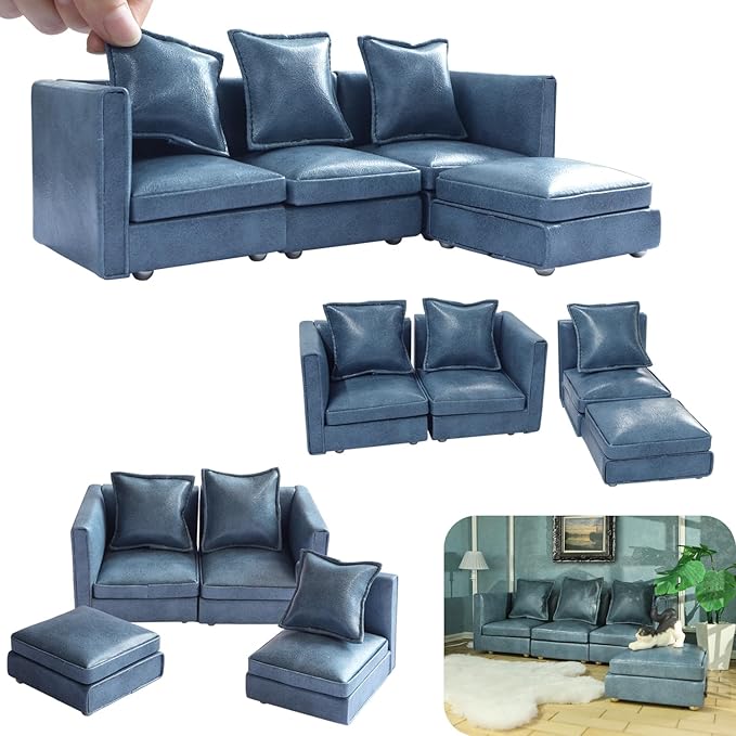iLAND Dollhouse Furniture Sectional Dollhouse Couch Set Blue Faux Leather Sofa by ILANDTradingCoLtd