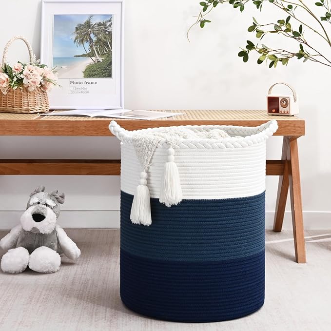 52L Storage Basket for Organizing, 15"×18" Large Tall Laundry Baskets, Cotton Rope Woven Blanket Basket, Toy Storage for Kids, Collapsible Laundry Hamper for Living Room, Nursery Room