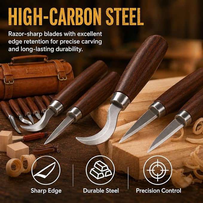 Deluxe Wood Carving Kit, High-Carbon Steel Knives, Safety Gloves, Woodworking - Image 4