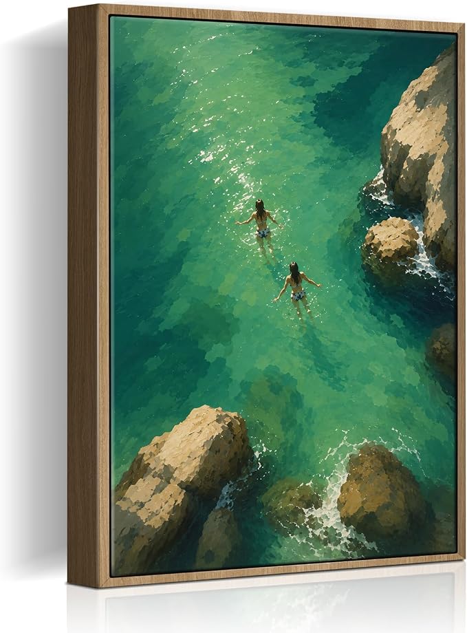 Framed Green Coastal Swim Canvas Wall Art Aerial View of Two Girls Swimming in by HomeifHue
