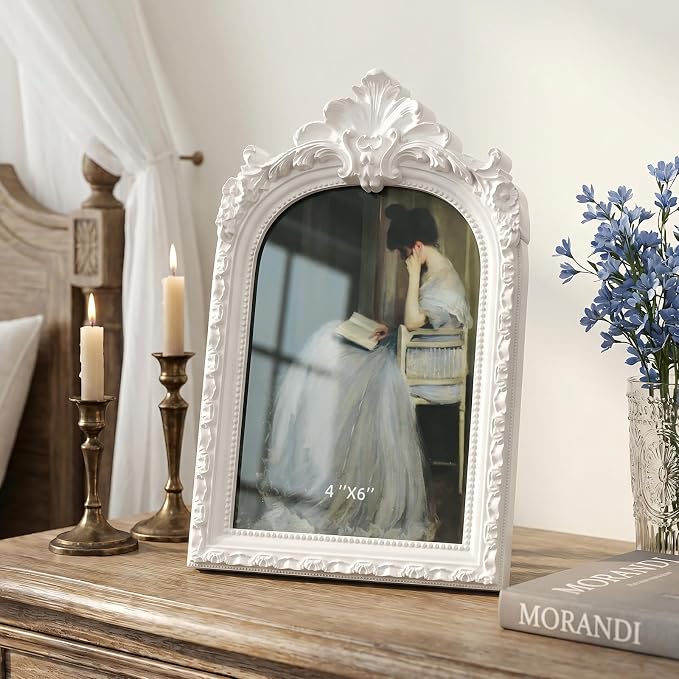 Cuspin 4x6 White Arched Picture Frame, Vintage Ornate Resin Photo Frame - Image 3