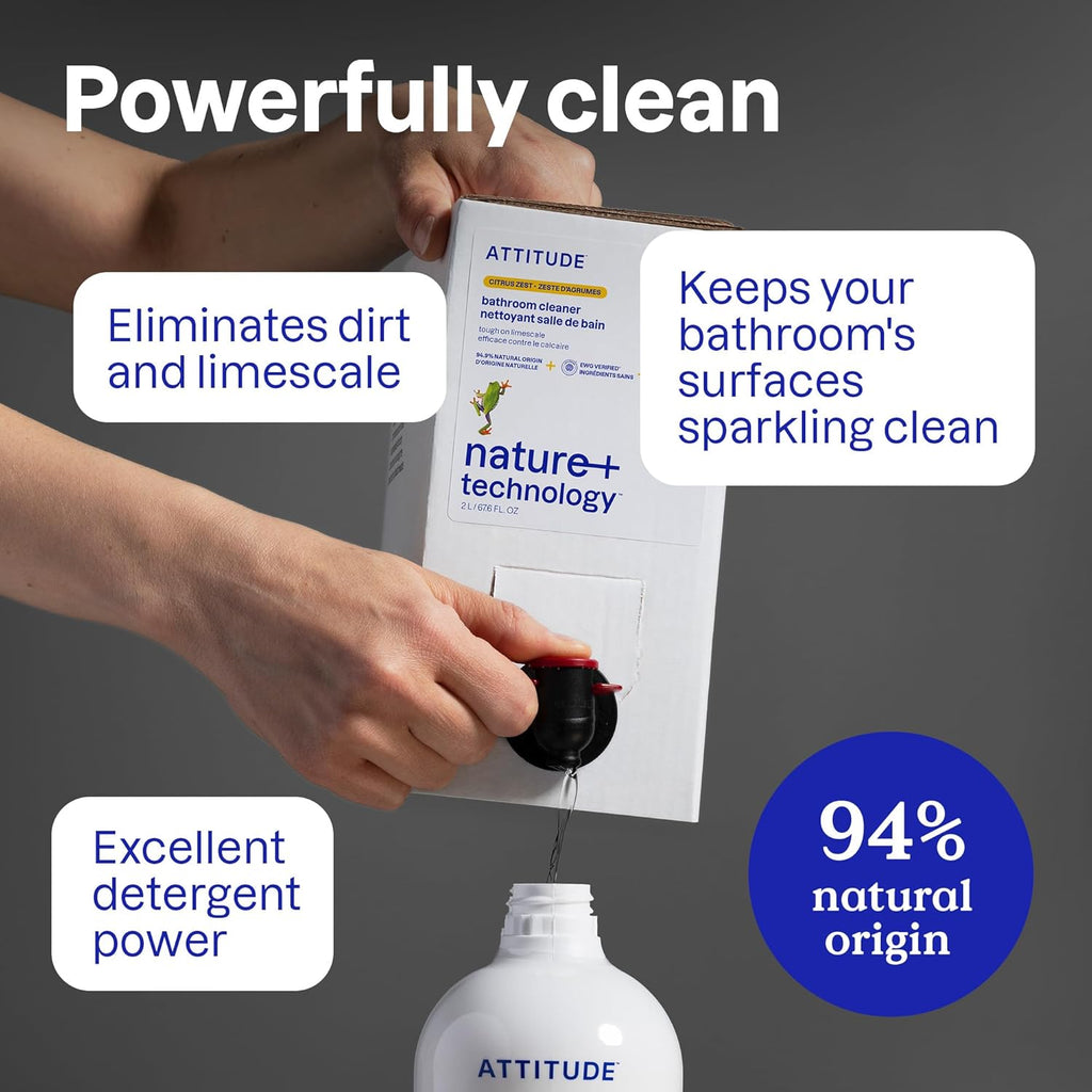 ATTITUDE Bathroom Cleaner Spray, EWG Verified, Plant-Based & Vegan, Safe for Bathroom Surfaces, Tiles, Tubs, Shower Walls, and Grout, Citrus Zest Scent, 27.1 Fl Oz