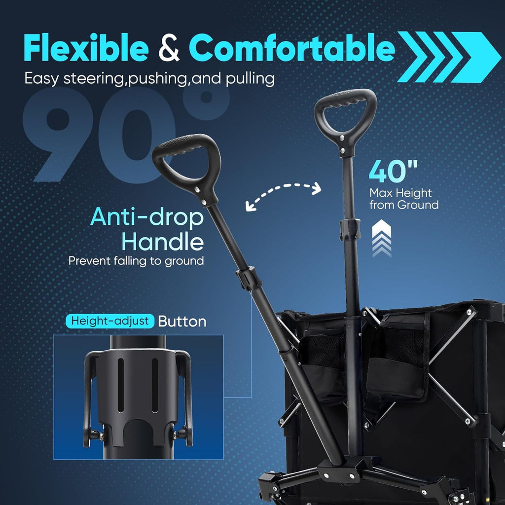 Sekey Collapsible Foldable Wagon with 330lbs Weight Capacity, Heavy Duty Folding Wagon Cart with Big All-Terrain Wheels & Drink Holders. Black