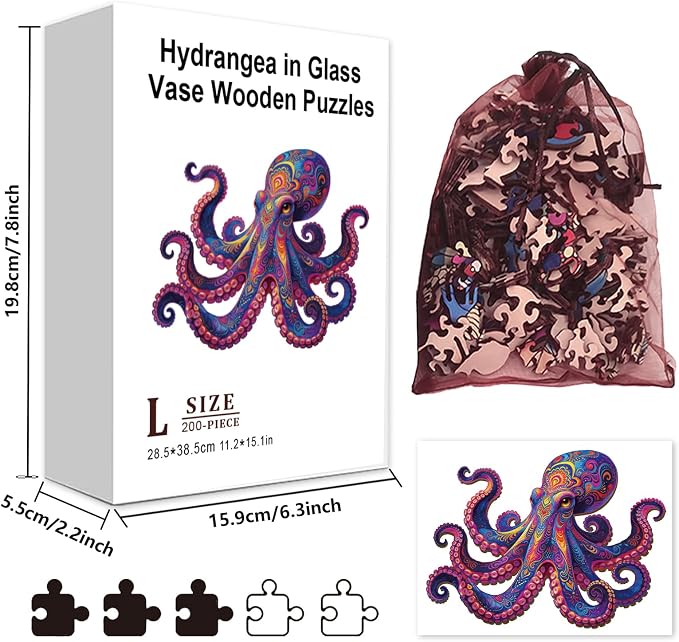 200pcs Wooden Puzzles for Adults Unique Animal Shaped Pieces Colorful Octopus - Image 4