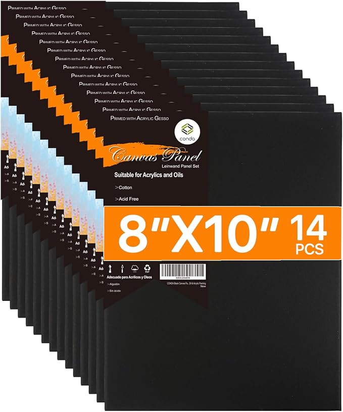 CONDA Black Canvases for Painting, Canvas Panels 8x10 inch, 100% Cotton by CONDA