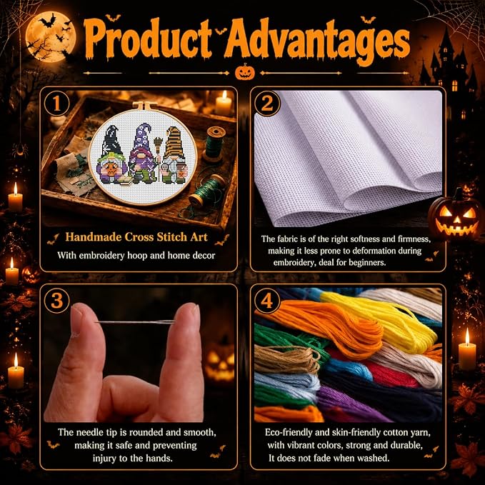 VIGEGU Gnome Cross Stitch Kits for Adults Beginners, Halloween Stamped Cross - Image 4