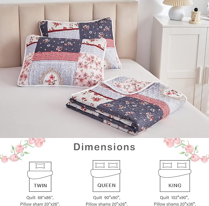 Patchwork Quilt Set Full/Queen Size, 3 Pieces Pink Purple Floral Plaid Summer - Image 7
