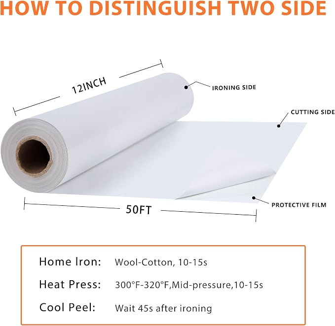 RENLITONG White Iron on Vinyl 12Inch by 50ft Roll Heat Transfer Vinyl - Image 2
