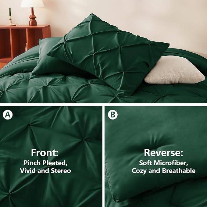 HIMEET Pintuck Bed in a Bag, 7 Pieces King Size Comforter Set Emerald Green - Image 3