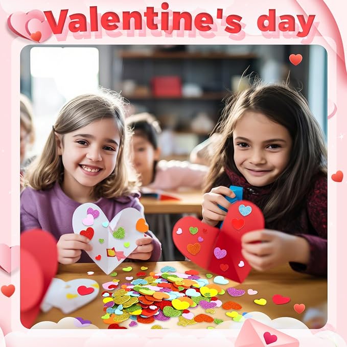 600Pcs Glitter Foam Heart Stickers Valentines Day Love Sticker | 3 Sizes - Image 5