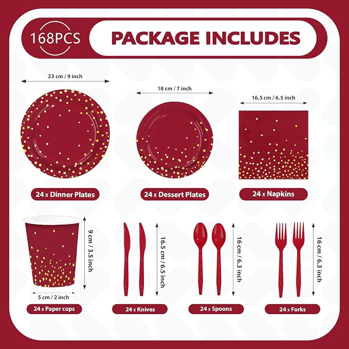 168Pcs Burgundy and Gold Party Supplies Serves 24 | Burgundy Plates and Napkins - Image 4