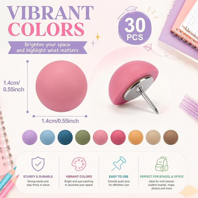Epakh 30 Pcs Dome Thumb Tacks Decorative Push Pins Colorful Cute Push Pin - Image 2