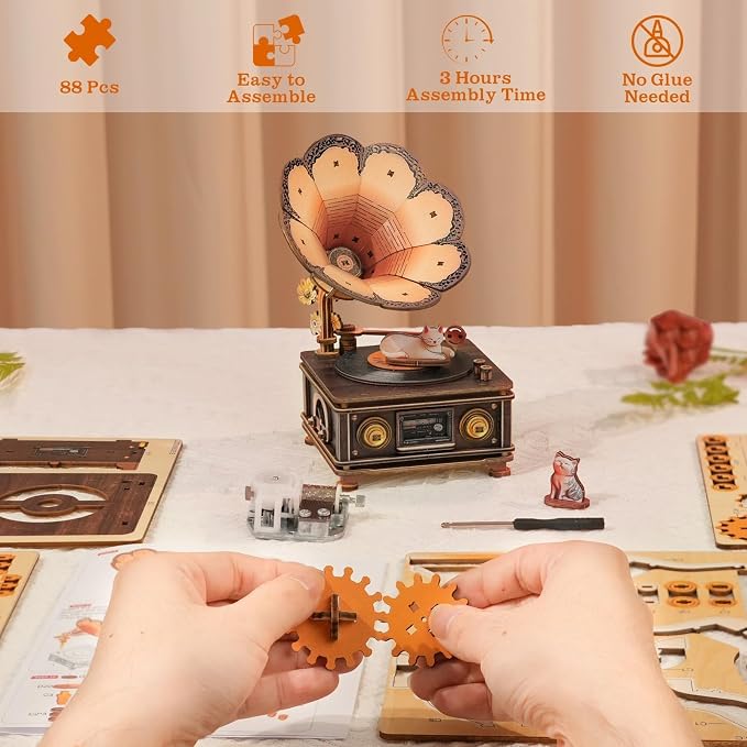 3D Wooden Puzzle Mechanical Gramophone, Wood Model Kits - Image 2