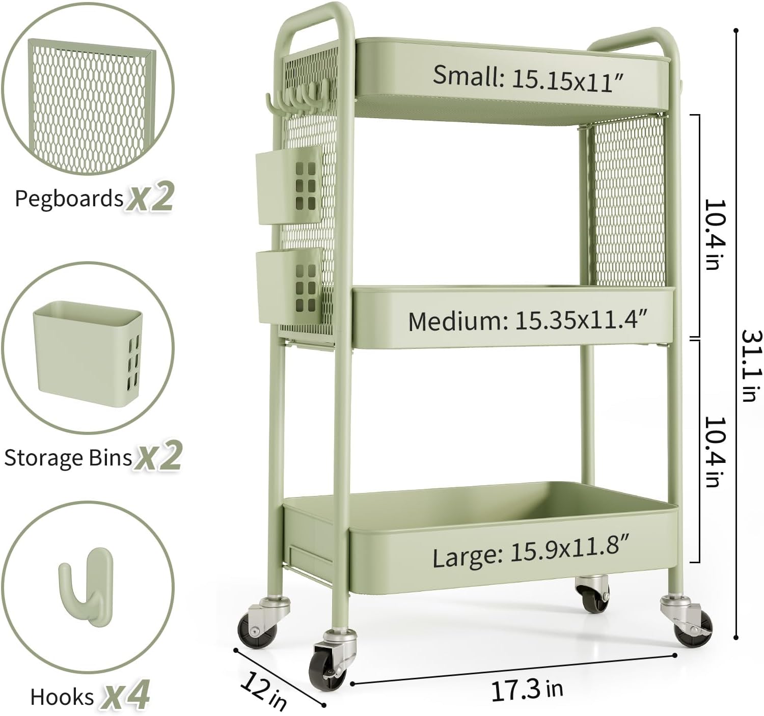 TOOLF 3 Tier Rolling Cart Storage Organizer, Metal Rolling Utility Cart with Wheels, Hooks & Bins Esthetician Craft Art Sturdy Storage with Pegboard for Bathroom, Kitchen, Office, Nursery Diaper