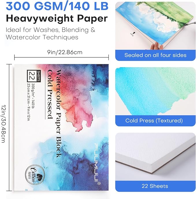 Watercolor Paper Block 9x12 Inch, Fuumuui 100% Cotton Paper Pad, 22 Sheets - Image 5
