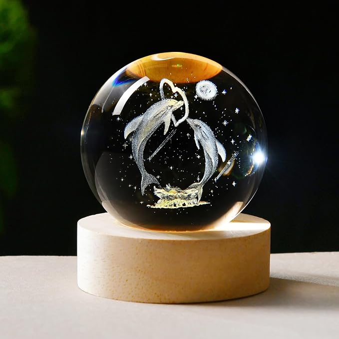 IFOLAINA Dolphin Gift for Mom Wife 3D Dolphins in Crystal Ball 60mm | Engraved by IFOLAINA