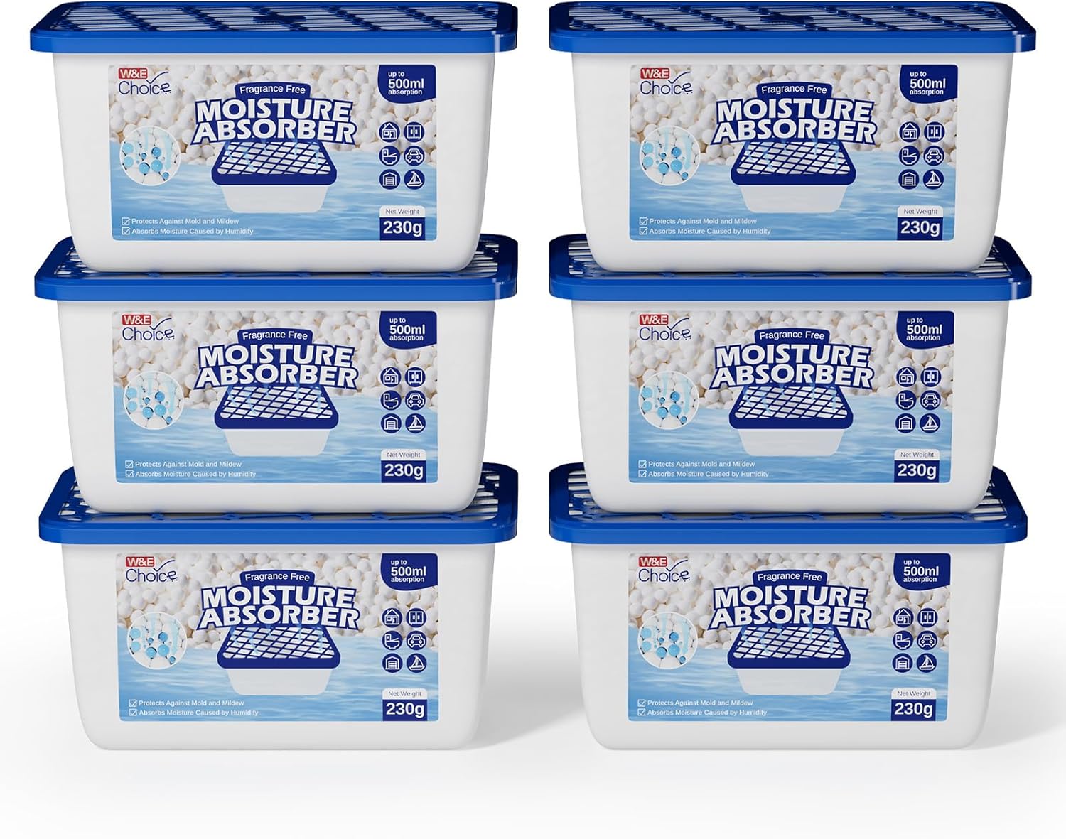 W&E Choice Moisture Absorbers, Portable Humidity Absorber Boxes for Your Bathroom, Closet & Car, Dehumidifier with Fragrance Free, 6 Pack