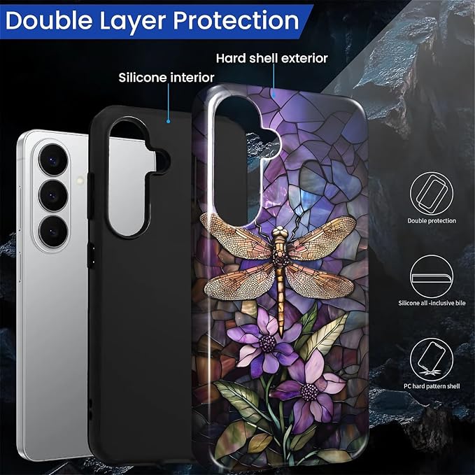 for Samsung Galaxy S26 Case, Stained Glass Dragonfly Pattern Glossy 2 in 1 - Image 3