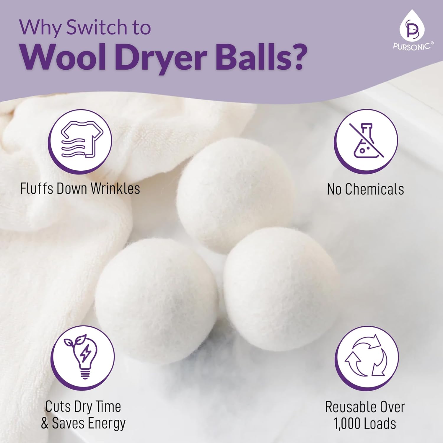 Pursonic 4-Pack Laundry Wool Dryer Balls with Lavender & Peppermint Essential Oil Scent - Reusable Fabric Softener Balls Made from Pure New Zealand Wool - 2.75" Diameter