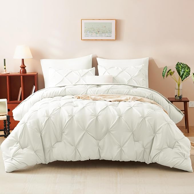 CozyLux King Size Comforter Set Ivory, 7 Pieces Pintuck Bed in A Bag Ivory - Image 7