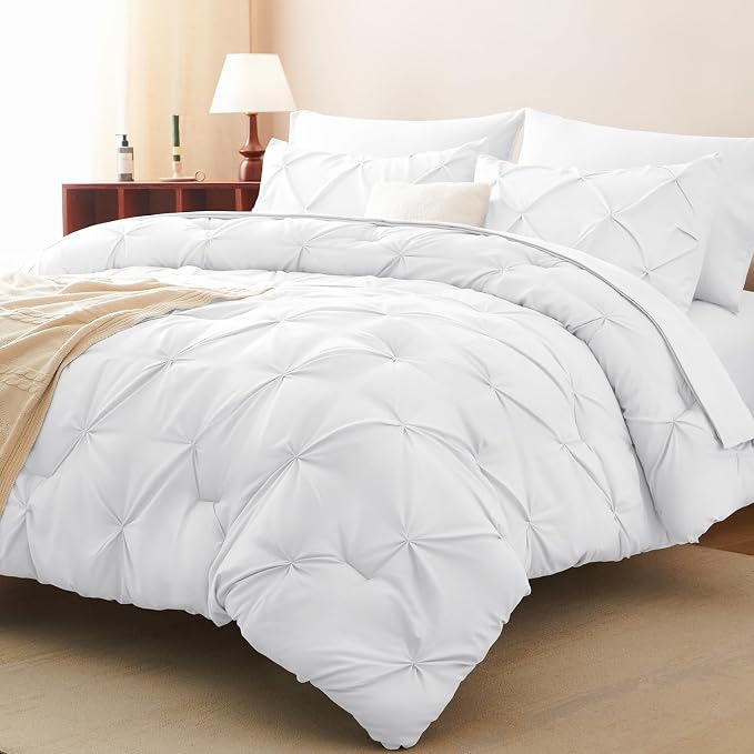 CozyLux Queen Comforter Set White, 7 Pieces Pintuck Bed in A Bag, Premium White - Image 8
