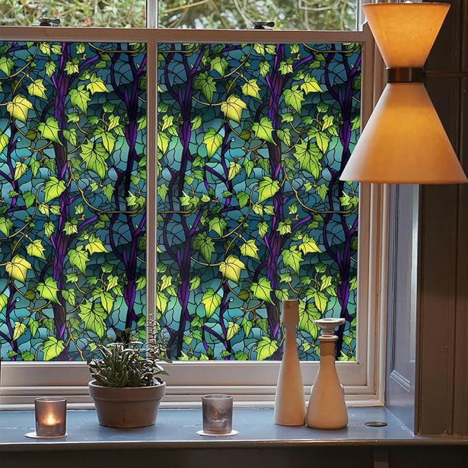 Purple Grape Vine Green Leaf Stained Glass Window Films Decorative Double-Side - Image 3