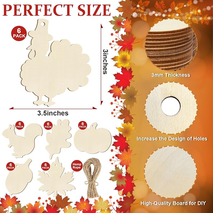 36PCS Wooden Fall Ornaments to Paint Thanksgiving Decorations, 6 Styles DIY - Image 2