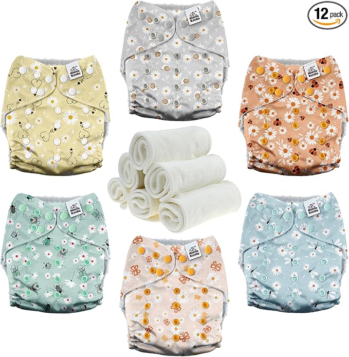 Mama Koala 3.0 Pocket Cloth Diapers for Babies with AWJ Lining, 6 Pack with 6 4-Layer Natural Cloth Diaper Inserts - Reusable and Washable Pocket Diapers(Garden Beetles)