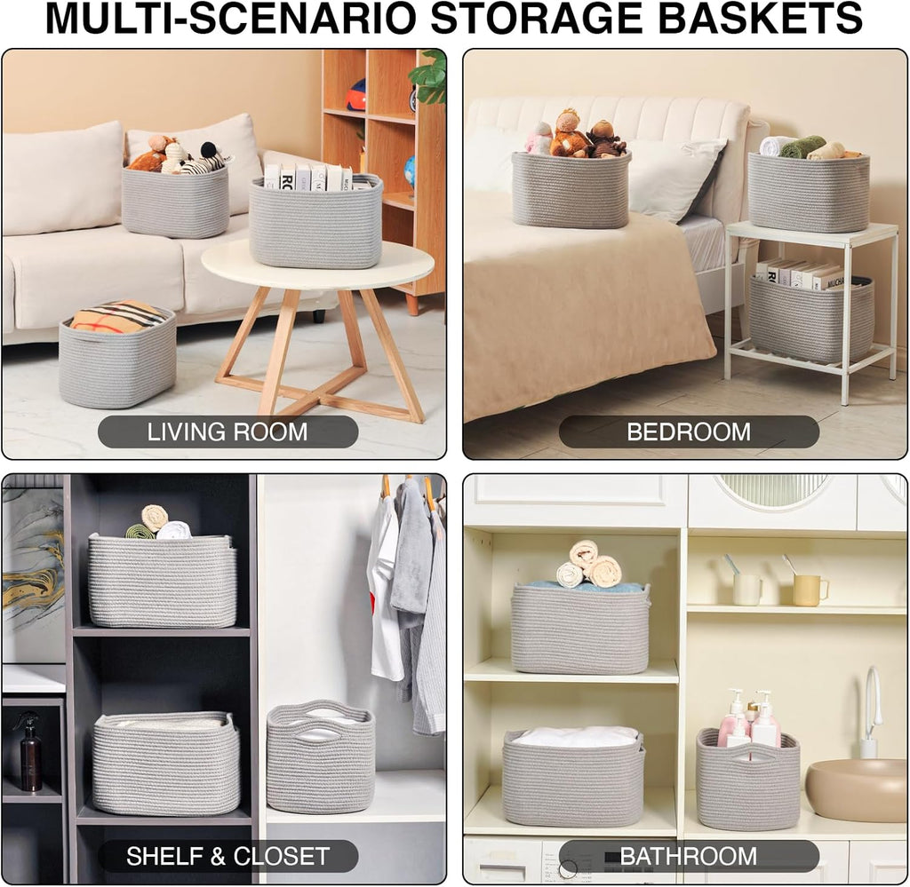 Storage Baskets for Organizing Shelves, Woven Cotton Rope Bins for Baby Nursery Organization, Book Toy Towel Organizer, 15"x11"x9.5", 3 Packs, Grey