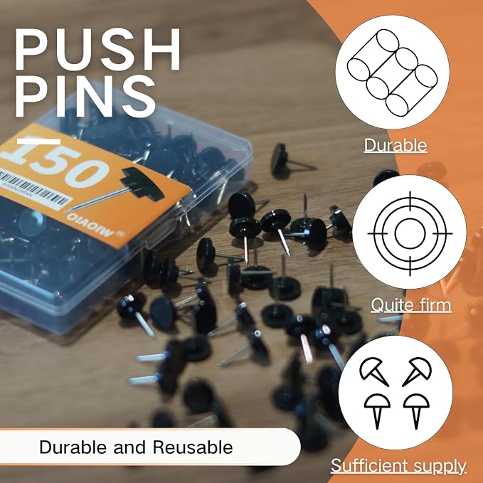 150 PCS Black Flat Push Pins for Wall Thumb Tacks for Walls Flat thumbtacks - Image 3