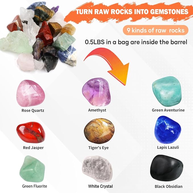 Rock Tumbler Kit Includes Rough Gemstones, 4 Polishing Grits, Jewelry Fastenings - Image 2