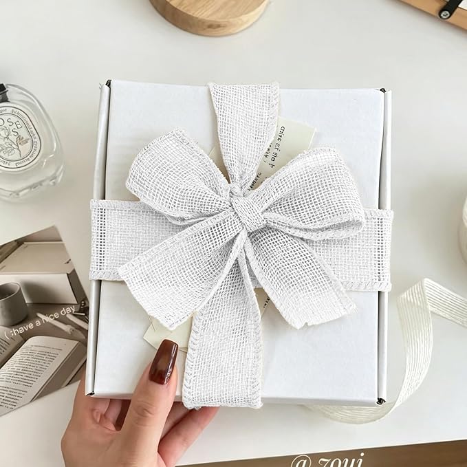 White Burlap Ribbon 1-1/2 inch X 10 Yard White Linen Wired Ribbon | Natural - Image 4