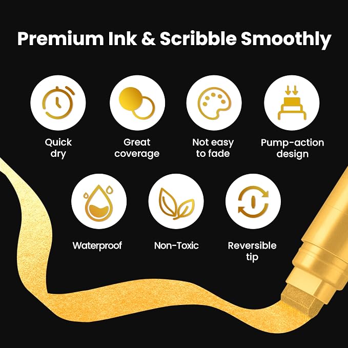 BIGTHUMB 3 Pcs Gold Jumbo Permanent Markers: 15mm Wide Tip Thick Acrylic Paint - Image 3