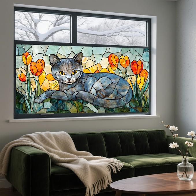IVN Stained Glass Window Film 39.3x17.7 inch Cat and Tulips Window Privacy Film - Image 9