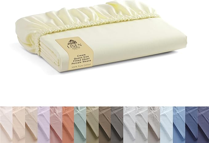 Linen Home 100% Cotton Percale Weave Fitted Sheet, Queen Size, 1 Deep Pocket by LINENHOME